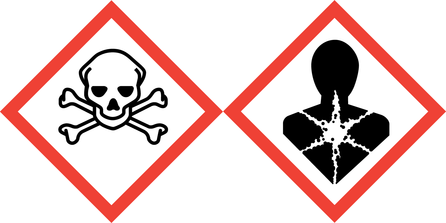 Fara. Giftigt vid förtäring. Orsakar allvarlig ögonirritation. Kan orsaka organskador (lungor) genom lång eller upprepad exponering (inandning).